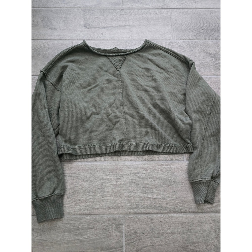 Aerie Beach Party XS Olive Green Cropped Raw Hem Sweatshirt Top Soft‎ Cozy